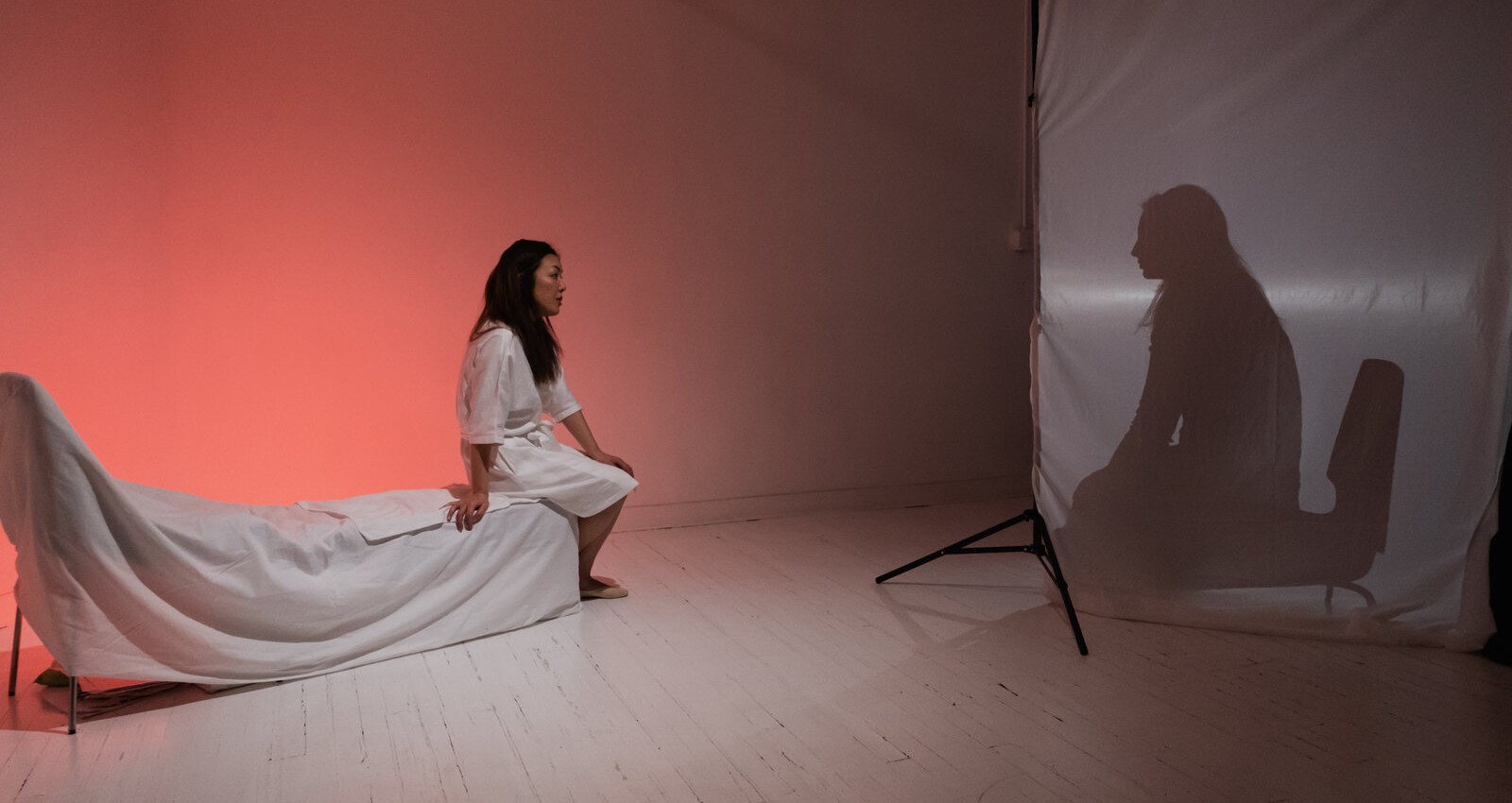 The performer in white sits facing her own shadow, cast large against a screen lit in red.