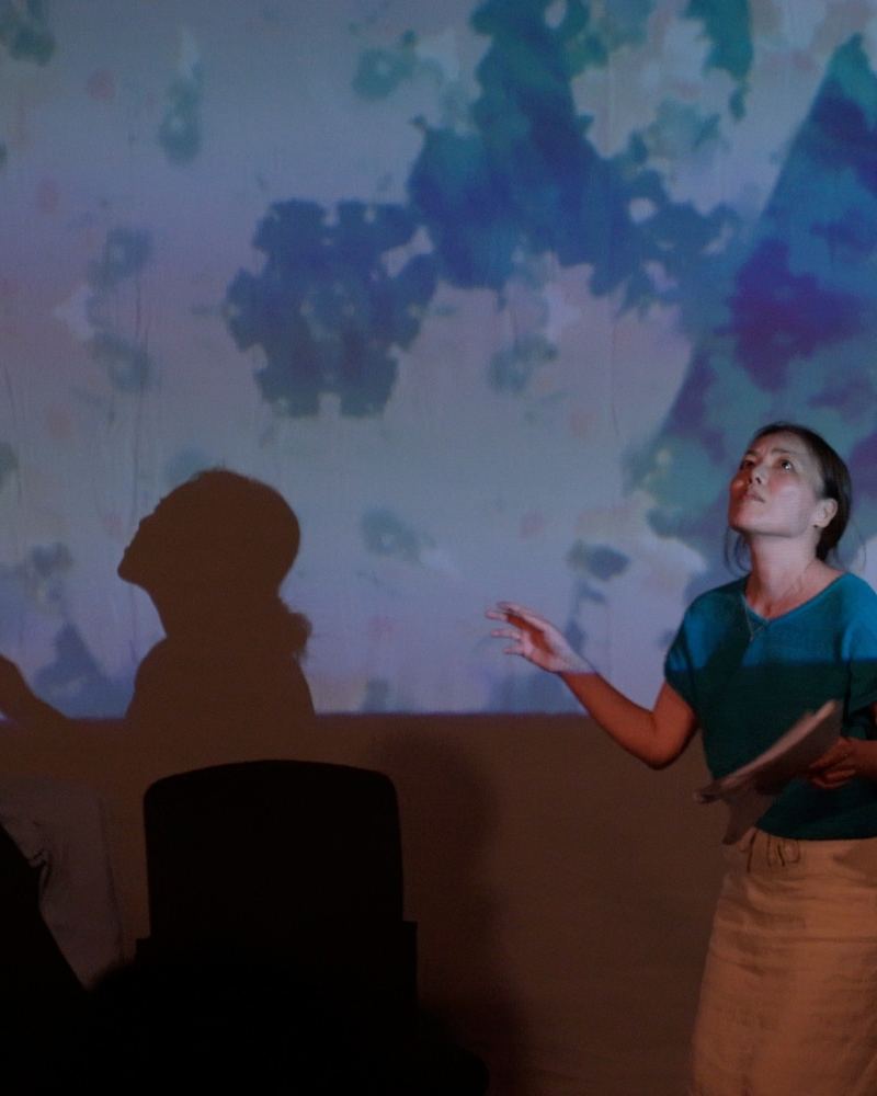 TomokoH DeblinGer reaching toward her own projected shadow against a floral projection backdrop